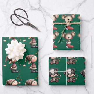Süße Weihnachts-Cartoon, Tiere, Elf, Winter Geschenkpapier Set