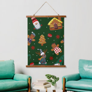 Süße Weihnachts-Gingerbread-Gnome-Rentiere-Party Wandteppich Mit Holzrahmen