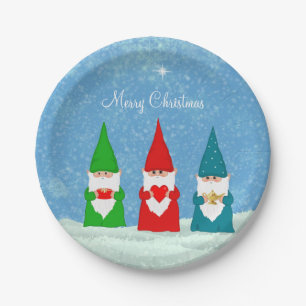 Süße Weihnachts-Gnome in Blau, Rot und Grün geklei Pappteller
