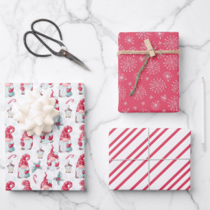 Süße Weihnachts-Gnome-Schneeflocken-Streifen passe Geschenkpapier Set