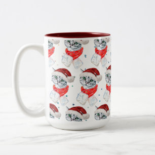 Süße Weihnachts-Graue Tabby-Katze Aquarell Zweifarbige Tasse