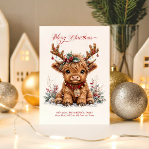 Süße Weihnachts-Hochlandkuh mit festlichen Geweihe Karte