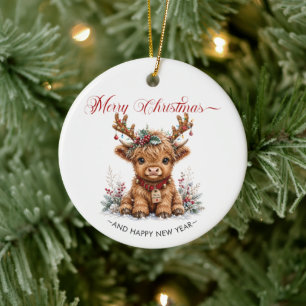 Süße Weihnachts-Hochlandkuh mit festlichen Geweihe Keramik Ornament