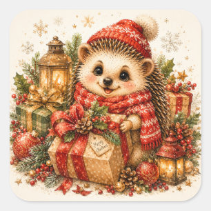 Süße Weihnachts-Igel-Wintergeschenke Quadratischer Aufkleber