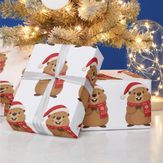 Süße Weihnachts-Murmeltier in Santa-Hut und Winter Geschenkpapier