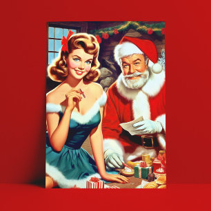 Süße Weihnachts-Pin-up und Weihnachtsmann Postkarte