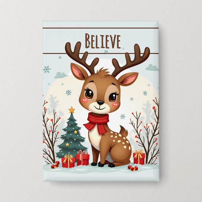 Süße Weihnachts-Rentier-Szene Schneebedeckter Wald Button (Vorderseite)