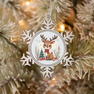 Süße Weihnachts-Rentier-Szene Schneebedeckter Wald Schneeflocken Zinn-Ornament