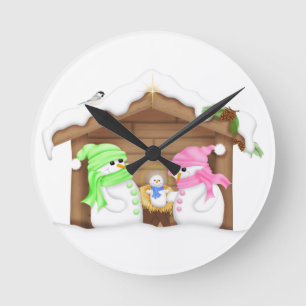 Süße Weihnachts-Schneemann-Krippe Runde Wanduhr
