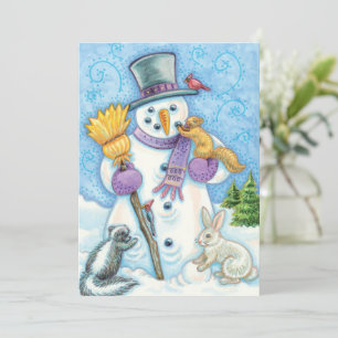 Süße Weihnachts-Schneemann- und Tiere-Einladung Einladung