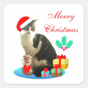 Süße Weihnachts-Tabby-Katze Quadratischer Aufkleber