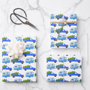 Süße Weihnachtsanhänger RVs Trucks Blaues Weihnach Geschenkpapier Set