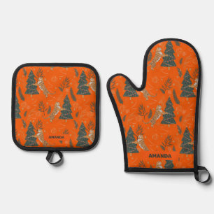 Süße Weihnachtsbäume und Tiger Muster Ofenhandschuh & Topflappen-Set