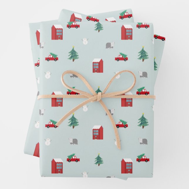 Süße Weihnachtsdorf-Muster Geschenkpapier Set (Beispiel)
