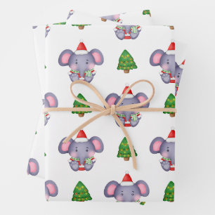 Süße Weihnachtselefanten und Weihnachtsbäume Geschenkpapier Set