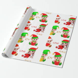 Süße Weihnachtselfen auf Weiß Geschenkpapier
