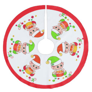 Süße Weihnachtselfen auf Weiß mit rotem Rahmen Polyester Weihnachtsbaumdecke