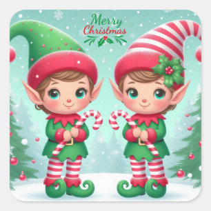 Süße Weihnachtselfen Quadratischer Aufkleber