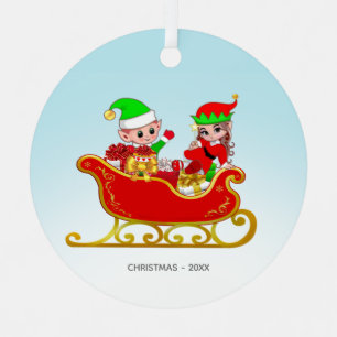Süße Weihnachtsfee und Elf auf Schlitten Ornament Aus Metall