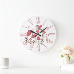 Süße Weihnachtsfee und Pilze Große Wanduhr