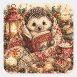 Süße Weihnachtsgeschichten-Illustration eines Igel Quadratischer Aufkleber