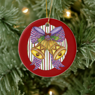 Süße Weihnachtsglocken mit Band und Schleife Keramikornament