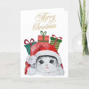 Süße Weihnachtskarte mit Wasserfarben und Katze im Feiertagskarte