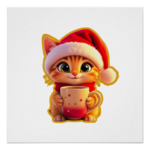 **Süße Weihnachtskatze mit Santa-Hut – Lustiger Fe Poster