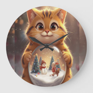 Süße Weihnachtskatze mit Schneekugel-Kunst Große Wanduhr