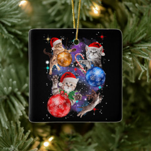 Süße Weihnachtskatzen im Weltraum-Schmuck Keramikornament