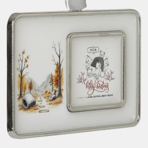 Süße Weihnachtskatzen „Miau“ Holiday-Design Rahmen-Ornament Silber
