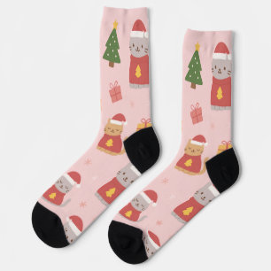 Süße Weihnachtskatzen Muster – Rosa Holiday Design Socken