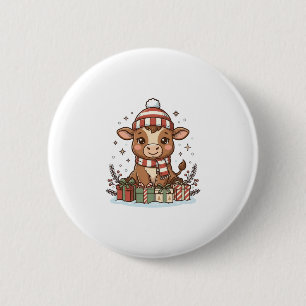 Süße Weihnachtskuh mit Geschenken Vintage Vektor_1 Button