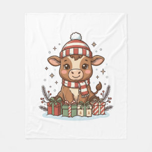 Süße Weihnachtskuh mit Geschenken Vintage Vektor_1 Fleecedecke