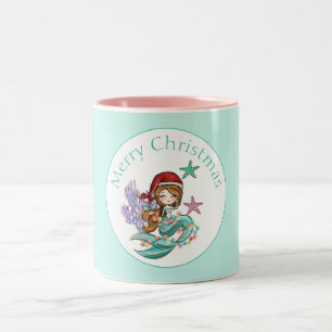 Süße Weihnachtsmeerjungfrau mit Santa-Hut in Rosa  Zweifarbige Tasse