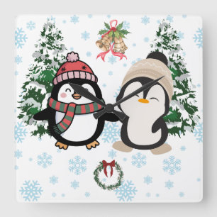 Süße Weihnachtspinguine Winter Quadratische Wanduh Wanduhr