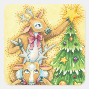 Süße Weihnachtsrenentiere mit Weihnachtsbaumstern Quadratischer Aufkleber