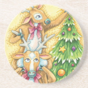 Süße Weihnachtsrentier Mit Weihnachtsbaumstern Sandstein Untersetzer