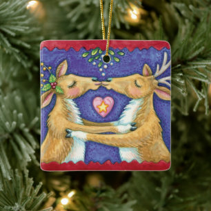 Süße Weihnachtsrentier, Romantischer Kuss mit Mist Keramikornament