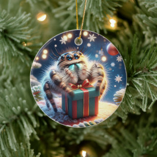 Süße Weihnachtsspringspinne mit einem Geschenk Keramik Ornament