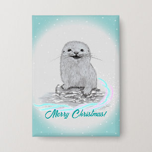 Süße weiße Baby-Seeeotter, Frohe Weihnachten Button
