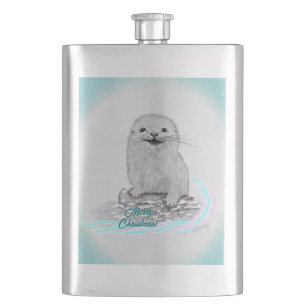 Süße weiße Baby-Seeeotter, Frohe Weihnachten Flachmann
