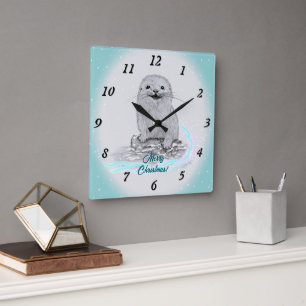 Süße weiße Baby-Seeeotter, Frohe Weihnachten Quadratische Wanduhr