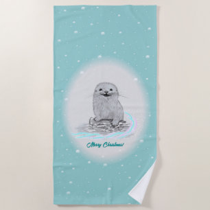 Süße weiße Baby Seeotter , Frohe Weihnachten Strandtuch
