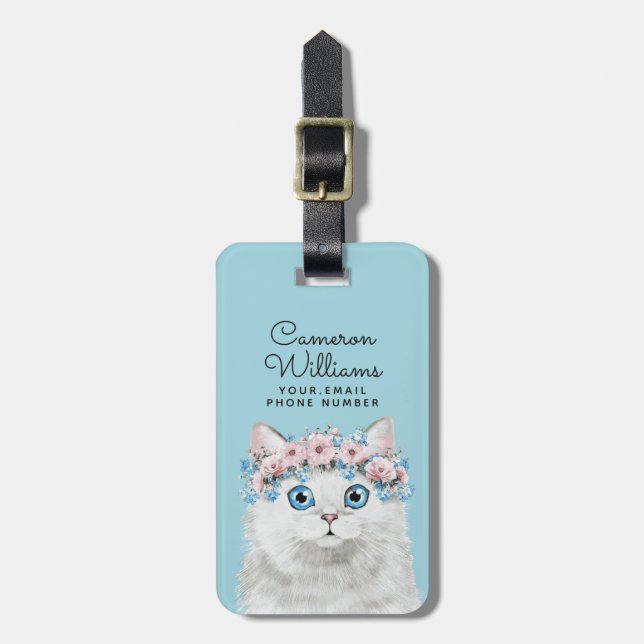 Süße weiße Blumenkatze | addieren Ihren Namen Gepäckanhänger (Vorderseite vertikal)