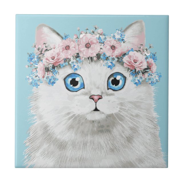 Süße weiße Blumenkatze Fliese (Vorderseite)