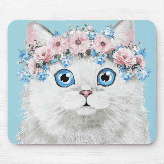 Süße weiße Blumenkatze Mousepad (Vorne)