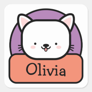 Süße weiße Cartoon-Katze personalisiert Quadratischer Aufkleber