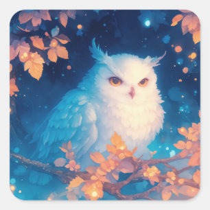 Süße weiße Eule auf einem Herbstlaubzweig sitzend Quadratischer Aufkleber