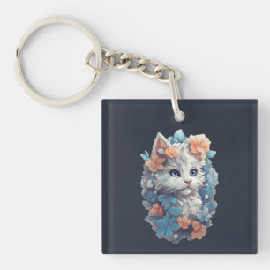 Süße weiße florale Kitty-Katze Schlüsselanhänger